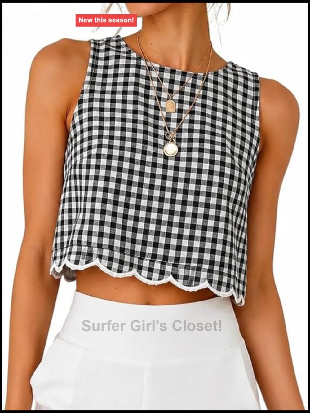 Women's Gingham Crop Tank Top Scalloped Ruffle Hem Sleeveless Blouse